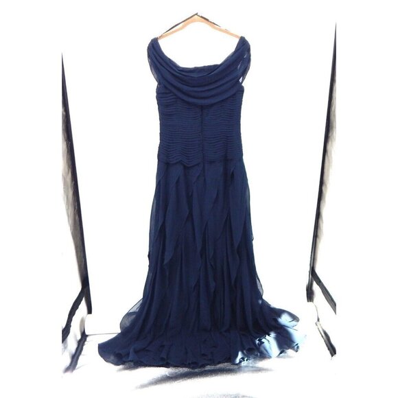 TADASHI SHOJI maxi dress off the shoulder chiffon ruffle formal navy blue 8 - Picture 7 of 12